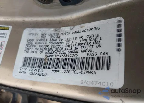 2005 Toyota Corolla Le из США, поврежденный, VIN 1NXBR32E45Z345875